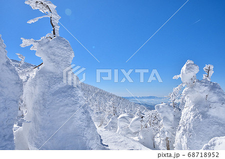 冬晴れの蔵王温泉スキー場と樹氷群の写真素材