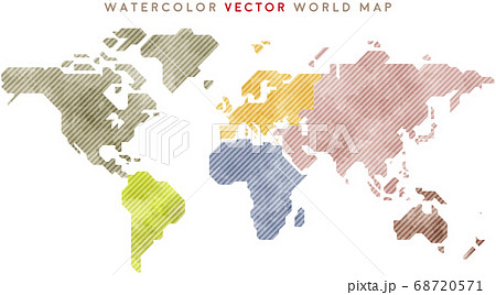 カラフルな水彩タッチの世界地図 ダークカラーストライプのイラスト素材