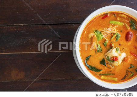 top view Tom Yam kung Spicy Thai soup with shrimp top view Tom Yam kung Spicy Thai soup with shrimp 68720989