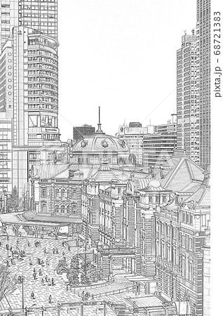 駅風景 東京駅 丸の内口 俯瞰 スケッチ のイラスト素材