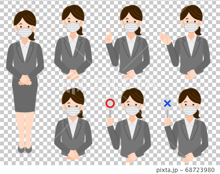 マスク着用　会社員女性シンプルイラスト 線なし セット 68723980