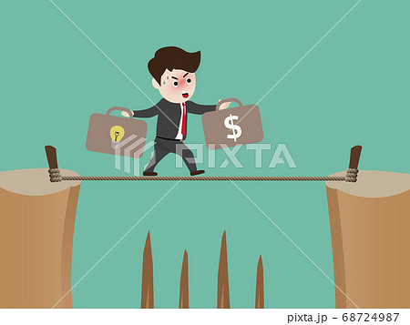 Businessman walks tightrope with idea and money 68724987