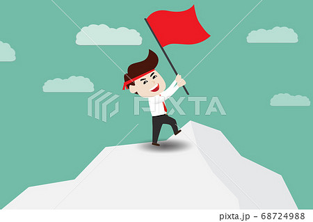 Businessman holding red flag on mountain peak 68724988