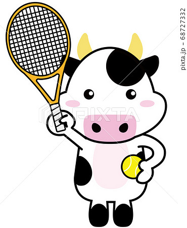 牛06 03 スポーツ テニスラケットとボールを持つ牛さん のイラスト素材