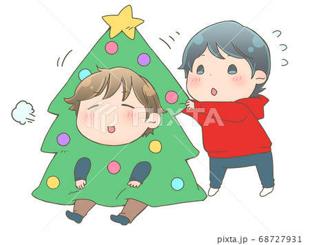 クリスマスツリーの着ぐるみを着る男の子と手伝いの男の子のイラスト素材
