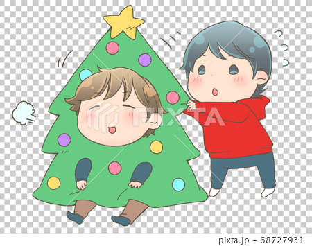 クリスマスツリーの着ぐるみを着る男の子と手伝いの男の子のイラスト素材