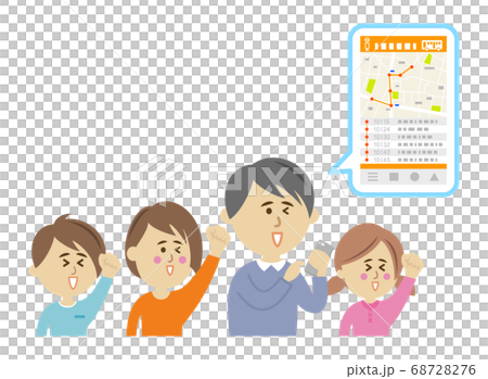 Illustration image of a family using a bus application on a smartphone 68728276