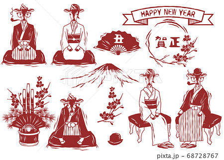 木版画風の2021年の着物の牛と門松の年賀状のベクターイラスト素材セット 木版画風の2021年の着物の牛と門松の年賀状のベクターイラスト素材セット 68728767