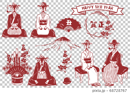 Woodcut style 2021 kimono cow and kadomatsu new year card vector illustration material set Woodcut style 2021 kimono cow and kadomatsu new year card vector illustration material set 68728767