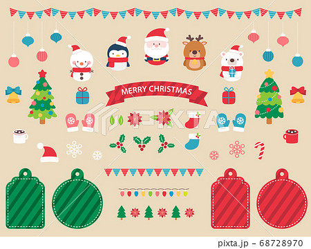 かわいいクリスマスキャラクターとデザイン素材セットのイラスト素材