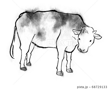 穏やかな水墨画の牛のイラスト素材