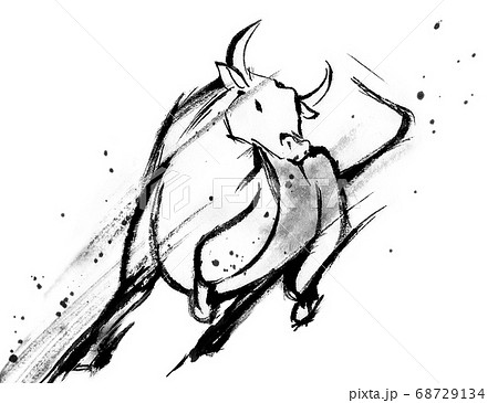 躍動感のある水墨画の牛のイラスト素材