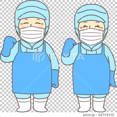中老年男女穿著無塵衣服,圍裙手套和內膽姿勢-面具藍色 中老年男女穿著無塵衣服,圍裙手套和內膽姿勢-面具藍色 68729320