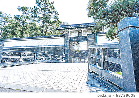 皇居 東御苑 北桔橋門 色鉛筆 のイラスト素材