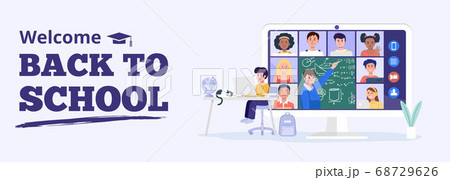 Back to school concept. A boy learning with computer at home. Vector 68729626