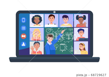 Illustration of teacher and students at video conference on laptop. Vector 68729627
