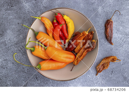 View of several Peruvian peppers, such as yellow View of several Peruvian peppers, such as yellow 68734206