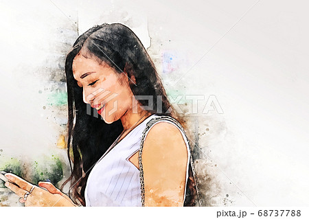 Abstract colorful portrait happiness young woman on watercolor illustration painting background. 68737788