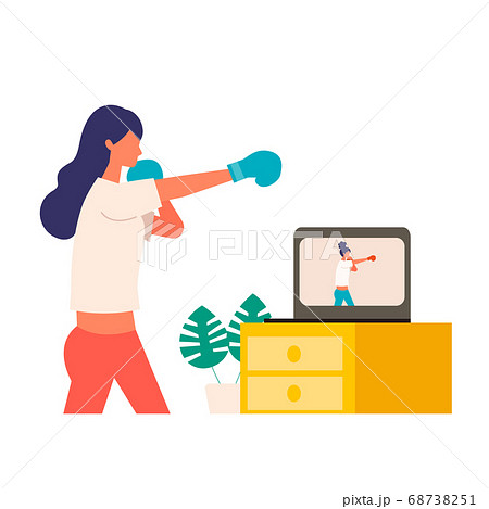 オンラインフィットネスでボクササイズする女性のイラストのイラスト素材
