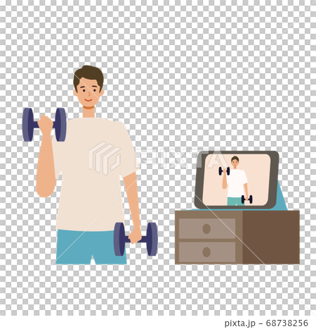 オンラインフィットネスで筋トレする男性のイラスト オンラインフィットネスで筋トレする男性のイラスト 68738256