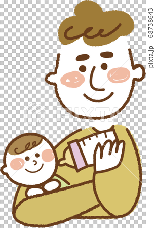 ミルクを笑顔で見る赤ちゃんと笑顔のパパのイラスト素材
