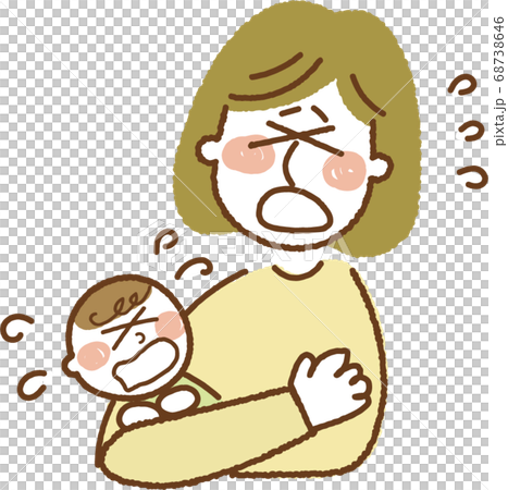 泣いてる赤ちゃんと困ってるママのイラスト素材