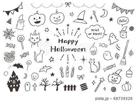 ハロウィンにまつわる手描きイラストセットのイラスト素材