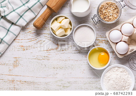 Ingredients for baking - flour, eggs, salt Ingredients for baking - flour, eggs, salt 68742293