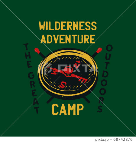 Vintage camp patch logo, mountain wildlife badge with trees and tent. Outdoor adventure emblem. Stock vector. 68742876