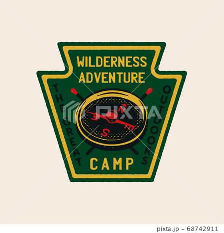Wilderness adventure Logo Design print. Camping compass badge. Great outdoors patch. Camp design for t-shirt, other prints. Outdoor insignia label. Stock vector 68742911