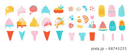 Ice cream elements. Waffle cons with sundae, chocolate vanilla and other ice cream balls, nuts strawberry and mint flavors. Vector isolated set 68743255