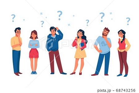 Asking people. Cartoon curious persons with question marks solve problem and thinking. Vector diverse thoughtful male and female characters 68743256