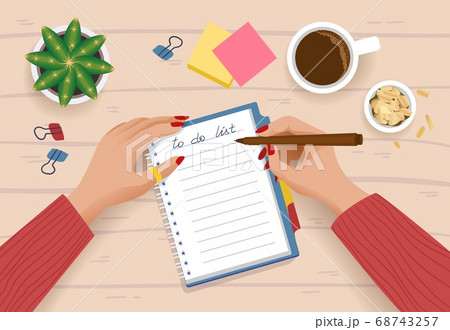 To do list. Top view of cartoon character planning day or shopping list with paper notebook and cup of coffee. Vector daytime routine scene 68743257