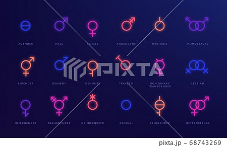 Gender neon icons. Glowing light symbols of sexual orientation, LGBT gay unisex asexual female male nonbinary transgender. Vector set 68743269