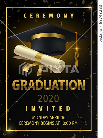 Graduation party. Prom celebration invitation poster, congratulation and greetings flyer with black degree cap and confetti. Vector education banner 68743283