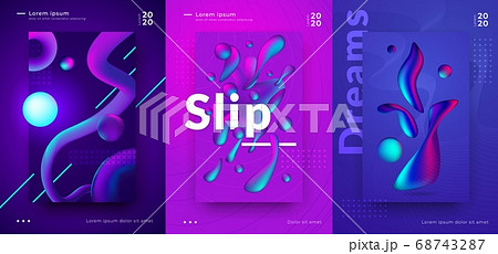 Gradient poster. Cover design with abstract minimal shapes, bright vibrant colors and 3D geometric objects. Vector futuristic music banner set 68743287