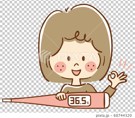 A woman in a pose with a smile and a thermometer 68744320