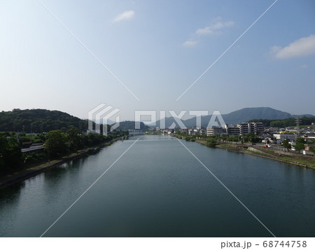 高い橋から見た大きな川と町と山の見える景色 高い橋から見た大きな川と町と山の見える景色 68744758