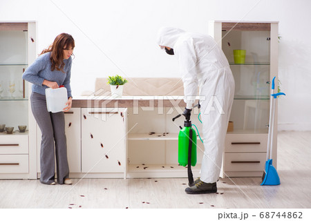Young male contractor and female client during pest control Young male contractor and female client during pest control 68744862