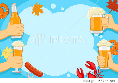Beer in hands with lobster, sausage and pretzels. Beer in hands with lobster, sausage and pretzels. 68744904