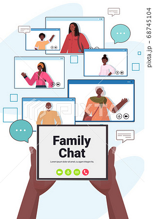 hands using tablet pc chatting with people during virtual meeting video call family chat online communication concept 68745104