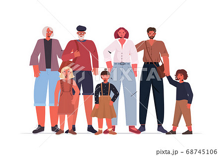 multi generation family happy grandparents parents and children standing together full length horizontal 68745106