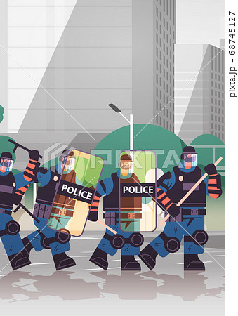 policemen with shields and batons riot police officers standing together protesters demonstrations control 68745127
