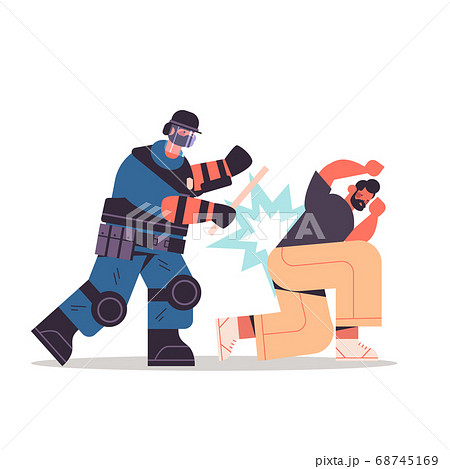 Riot Police Officer Attacking Street Protester のイラスト素材