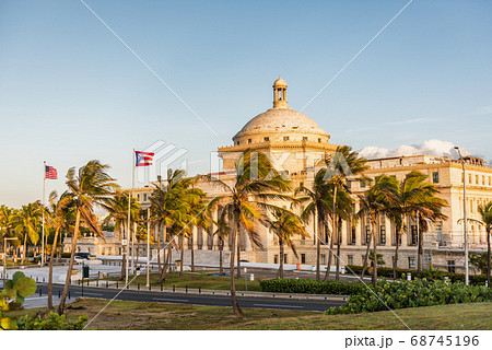 Puerto Rico San Juan Capital District Capitol building. USA travel cruise destination in Latin America. Street view of famous landmark marble dome in city near Old San Juan. Puerto Rico San Juan Capital District Capitol building. USA travel cruise destination in Latin America. Street view of famous landmark marble dome in city near Old San Juan. 68745196