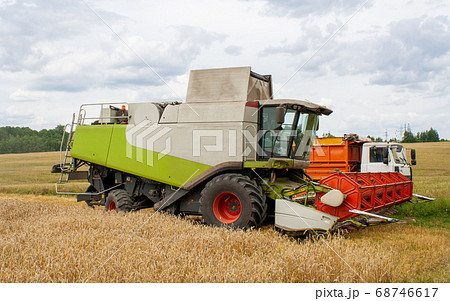 Collecting wheat combine, unloading seeds in truck 68746617