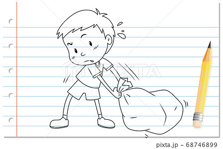 Hand writing of boy pulling bag outline 68746899