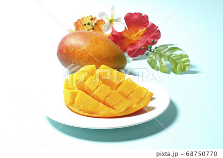 ダイスカットされた南国フルーツのマンゴーとハイビスカスの造花 ダイスカットされた南国フルーツのマンゴーとハイビスカスの造花 68750770
