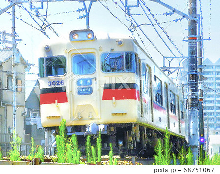 山陽電車の走行風景 普通阪神神戸三宮行き 横構図 のイラスト素材