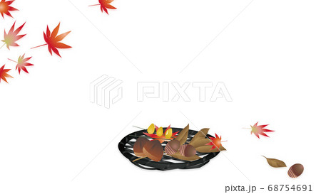 紅葉と竹細工の丸いカゴに秋の実りどんぐりや栗のイラスワイドバーチャル背景素材のイラスト素材